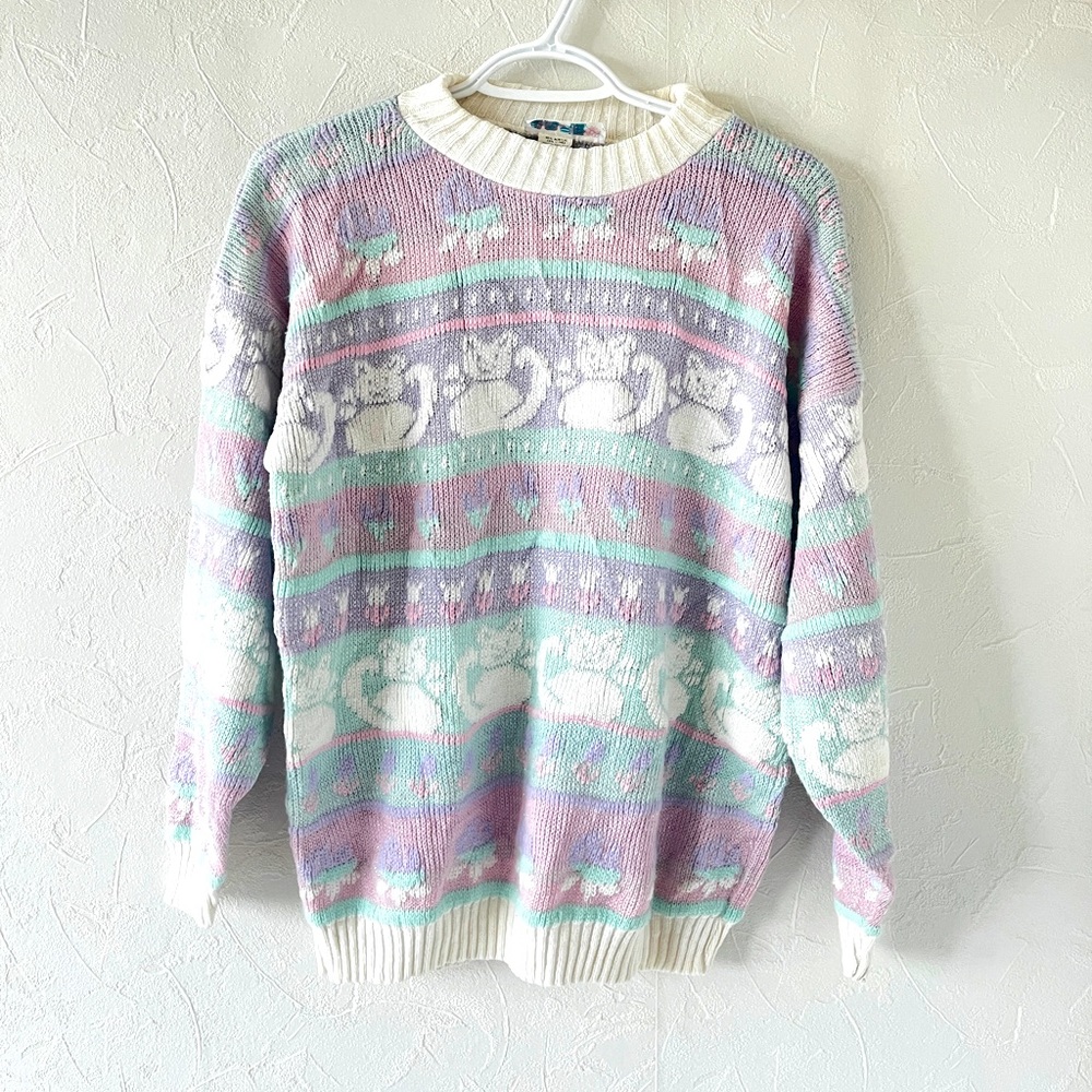 Vintage 80s Sparkle Cat Fairy Kei Sweater Pastel Pink Purple Kitty Kitten Kawaii